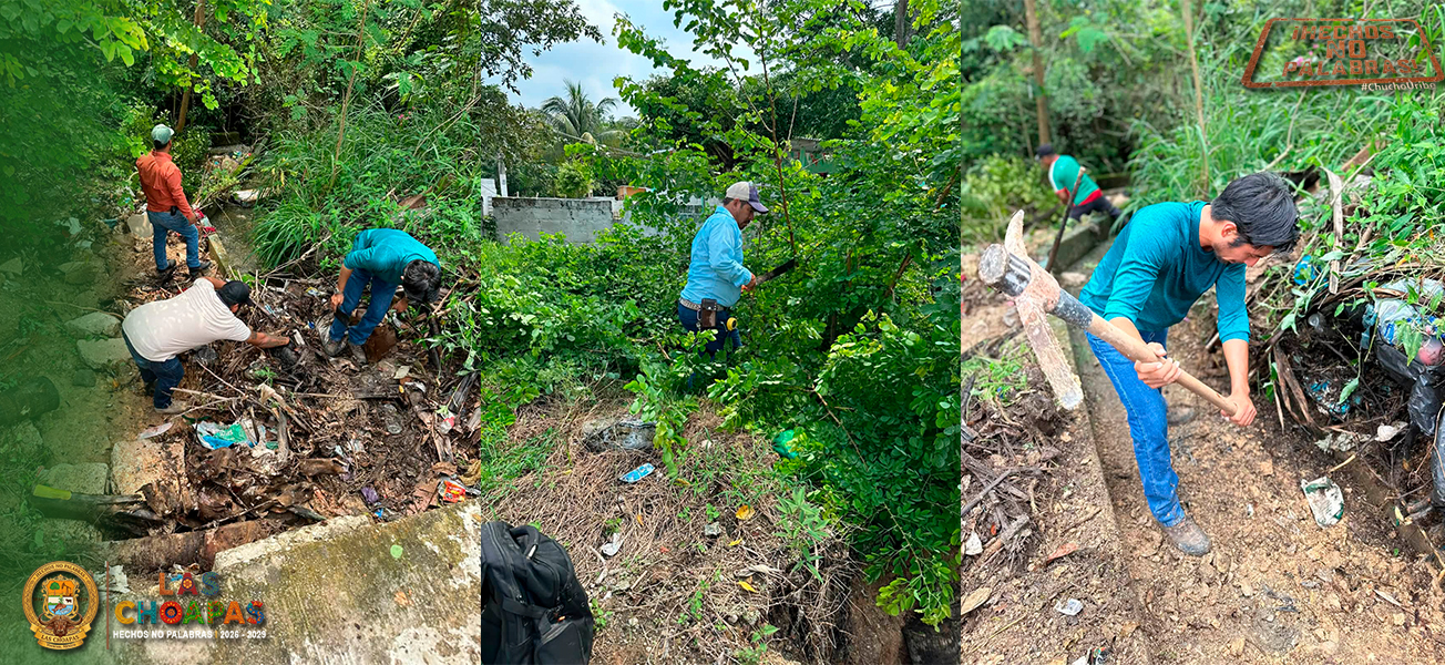 AYUNTAMIENTO RETIRA MALEZA Y BASURA DE CANALES EN LA MIGUEL HIDALGO