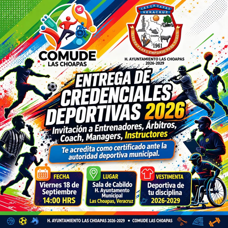 COMUDE LAS CHOAPAS REALIZARÁ ENTREGA DE CREDENCIALES DEPORTIVAS 2026
